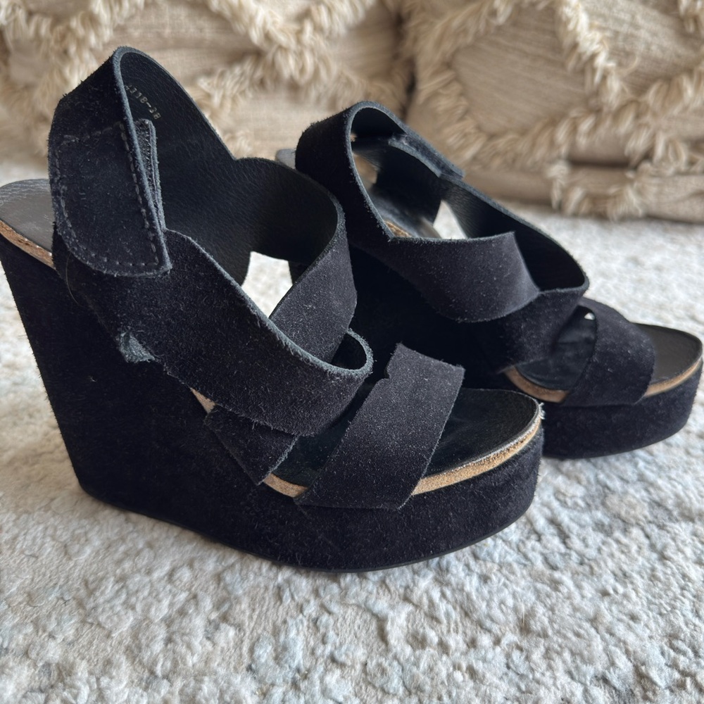 Black Suede Pedro Garcia Wedge Sandals